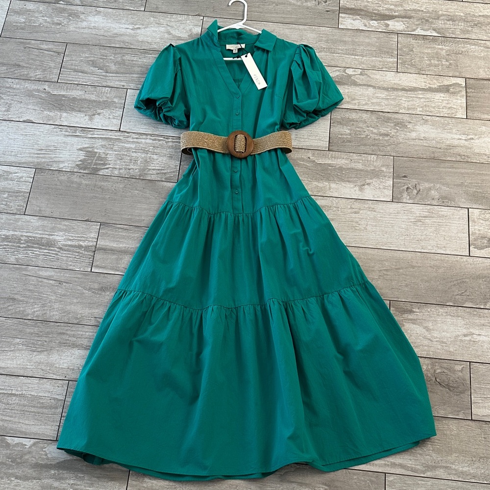 Pinch Teal Tiered Maxi Dress with Puff Sleeves and Woven Belt - Picture 2 of 5